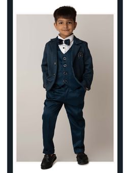Little Collars - Blue Self Design Blazer with Jacket and Shirt, Trouser