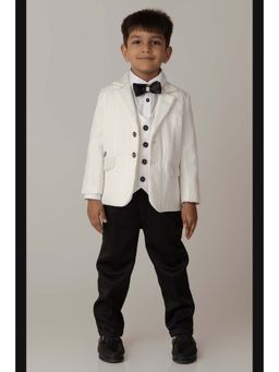 Little Collars - White Self Design Blazer with Jacket and Shirt, Trouser