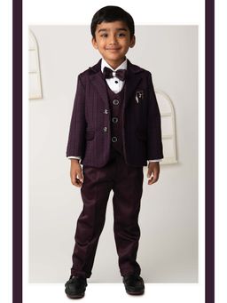 Little Collars - Wine Self Design Blazer with Jacket and Shirt, Trouser