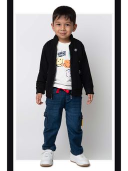 Little Collars - Black Printed Jacket with T-Shirt, Jeans, Belt