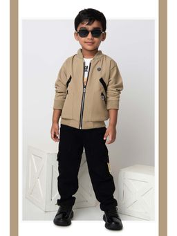 Little Collars - Khaki Printed Jacket with T-Shirt, Jeans, Belt