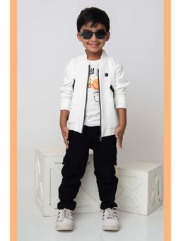 Little Collars - White Printed Jacket with T-Shirt, Jeans, Belt