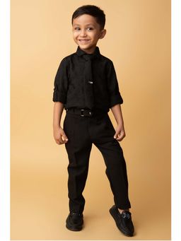 Little Collars - Black Self Design Shirt with Trouser and Tie