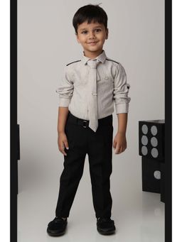 Little Collars - Grey Self Design Shirt with Trouser and Tie