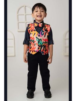 Little Collars - Blue Self Design Jacket with Shirt, Trouser, Bow