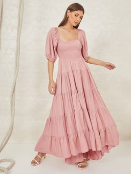 Styli - Pink Short Puff Sleeves Square Neck Tiered Maxi Dress