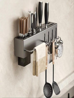 House of Quirk - Knife Rack Holder Wall Mounted & Countertops Seasoning Shelf - Grey