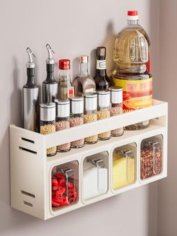 House of Quirk - 4 Slot Organizer Condiment Rack Holder Wall Mounted Organizer Shelf - Cream