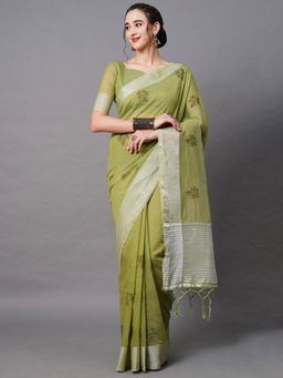 Odette - Olive Green Festive Linen Blend Embroidered Saree with Unstitched Blouse