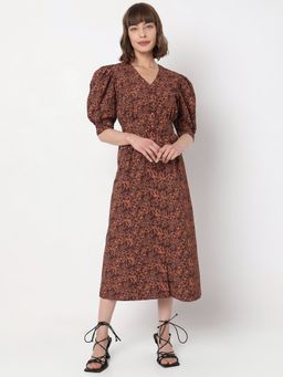 VERO MODA - Brown Floral Midi Dress