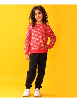 ANTHRILO - Reindeer Print Fleece Girls Sweatshirt With Jogger Set - Red