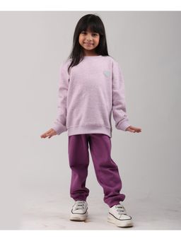ANTHRILO - Purple Melange Girls Fleece Sweatshirt Heart Purple Jogger Set