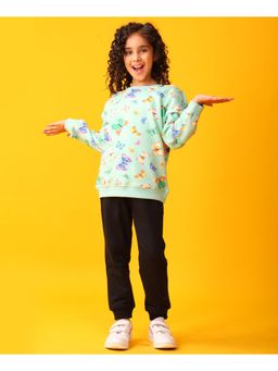 ANTHRILO - Butterfly Green Fleece Girls Sweatshirt Black Jogger Set