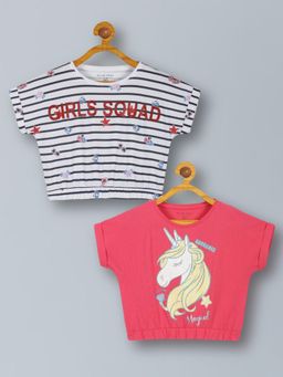 PLUM TREE - Girls Unicorn Print Round Neck Glitter Crop Tops (Pack of 2)