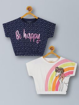 PLUM TREE - Girls Unicorn Print Round Neck Glitter Crop Tops (Pack of 2)