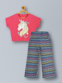 PLUM TREE - Girls Unicorn Print Crop Top And Palazzo Pant Set