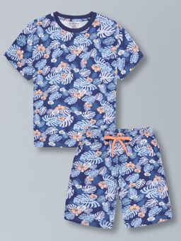 PLUM TREE - Boys Pure Cotton All-Over Co-Ordinating T-Shirt And Shorts - Blue