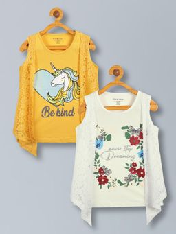 PLUM TREE - Girls Pure Cotton Sleeveless Top With Attached Lace Shrug (Pack of 2)