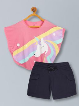 PLUM TREE - Girls Soft Rayon Poncho T-Shirt And Pure Cotton Shorts Set