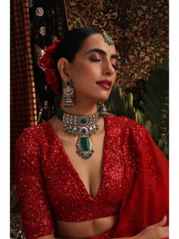 SWABHIMANN - Riana Emerald Polki Green Choker with Maang Tikka and Earrings