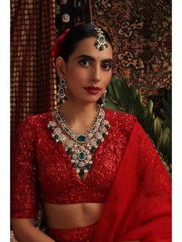 SWABHIMANN - Aalia Green Polki Long Necklace with Maang Tikka and Earrings