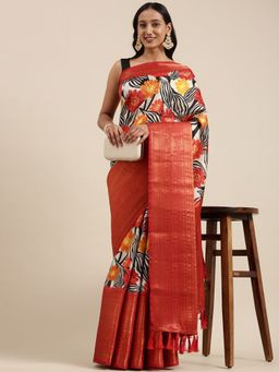 Vastranand - Off White & Black Floral Print Banarasi Saree with Unstitched Blouse