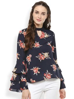 RARE - Women Navy Blue & Red Printed Top
