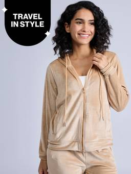 Nykd by Nykaa - Cozy Textured Velour Hooded Jacket With Super Soft Brushed Inner NYS918 Beige