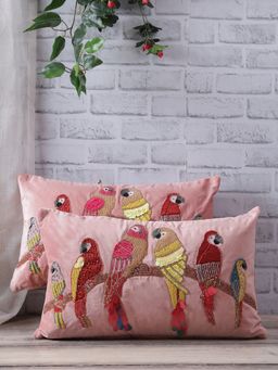 Eyda - Velvet Peach Color Beaded Sequin Cushion Cover Set Of 2-12X20 Inch