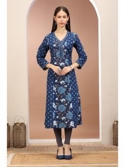 Cotton Culture - Blue Flax Cotton Floral A Line Kurta