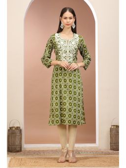 Cotton Culture - Mehndi Green Jaipuri Cotton Embroidered Straight Kurta