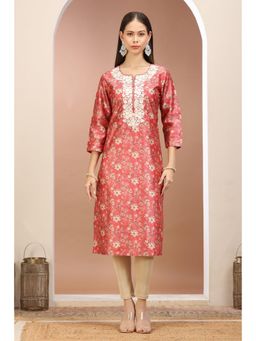 Cotton Culture - Peach Roman Silk Embroidered Straight Kurta