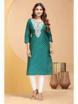 Cotton Culture - Bottle Green PolySilk Straight Embroidered Kurta