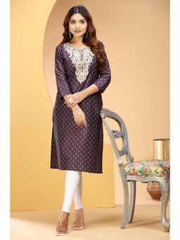 Cotton Culture - Dark Purple PolySilk Embroidered Straight Kurta