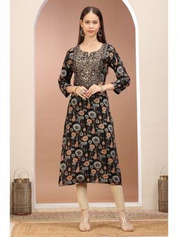 Cotton Culture - Black and Beige Rayon Embroidered Straight Kurta