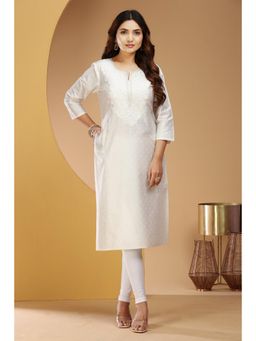 Cotton Culture - White PolySilk Straight Embroidered Kurta