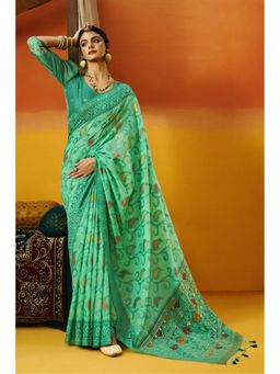 Mysilklove - Spruce Green Handloom Jamdani Saree with Unstitched Blouse