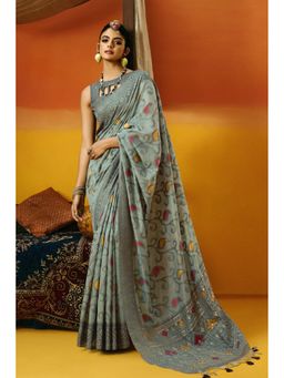 Mysilklove - Smokey Green Handloom Jamdani Saree with Unstitched Blouse