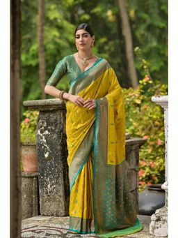 Mysilklove - Bee Yellow Woven Banarasi Saree with Unstitched Blouse