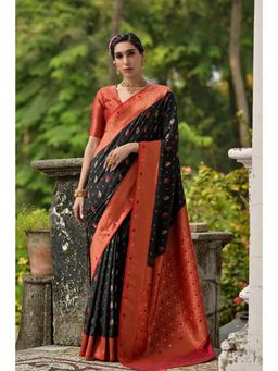 Mysilklove - Onion Black Woven Banarasi Saree with Unstitched Blouse