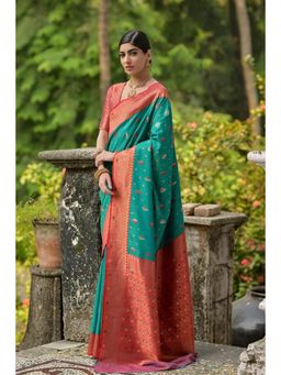 Mysilklove - Pansy Green Woven Banarasi Saree with Unstitched Blouse
