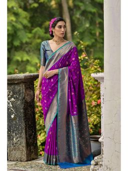 Mysilklove - Gulf Stream Purple Woven Banarasi Saree with Unstitched Blouse