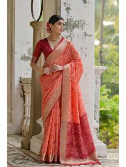 Mysilklove - Terra Cotta Orange Woven Raw Silk Saree with Unstitched Blouse
