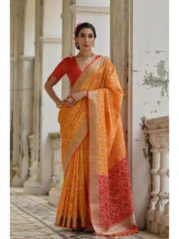 Mysilklove - Dark Salmon Orange Woven Raw Silk Saree with Unstitched Blouse