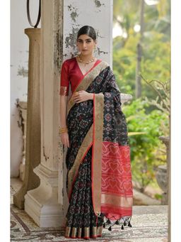 Mysilklove - Bistre Black Woven Raw Silk Saree with Unstitched Blouse