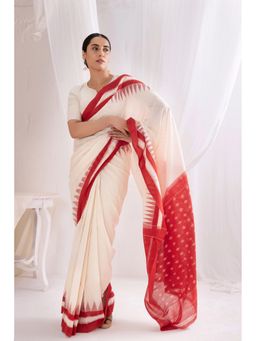 VASTRA RAAG - White Pochampally Double Ikat Handloom Cotton Saree with Ustitched Blouse