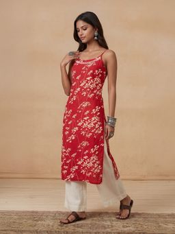 House of Chikankari - Red Mulmul Printed Chikankari Kurta