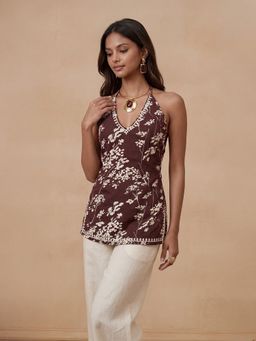 House of Chikankari - Brown Mulmul Short Chikankari Kurta