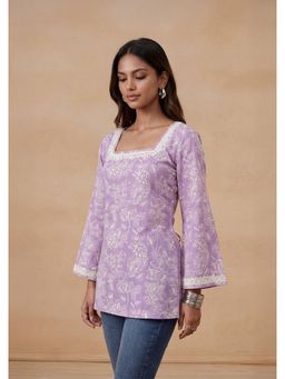 House of Chikankari - Lavender Mulmul Short Chikankari Kurta