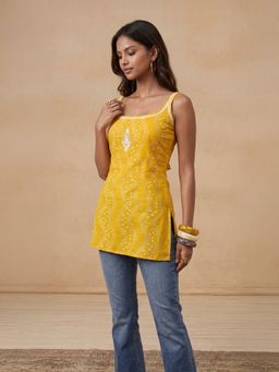 House of Chikankari - Yellow Mulmul Short Printed Kurta